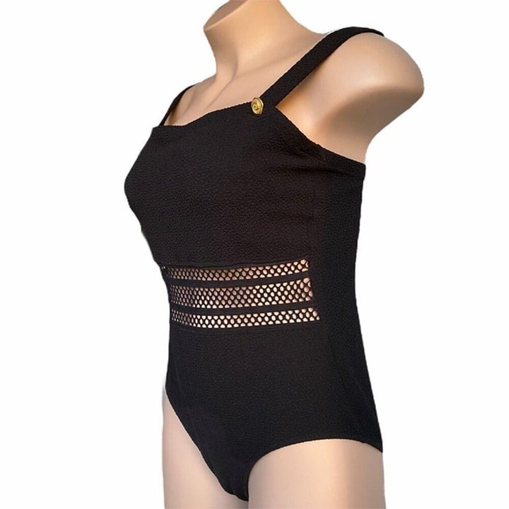 Catalina One Piece Swimsuit Sz 20W Plus Black Crochet Waist Goldtone Btn Vtg 90s - Picture 4 of 11